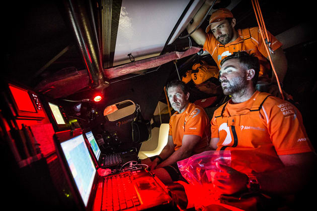 Will Oxley (L), Mark Towill (M), and Charlie Enright (R) dissect the latest weather information, crucial in determining the time to turn east for Cape Town.